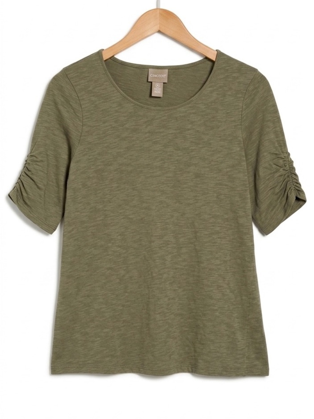Chico's Olive Green Slub Knit Top with Ruched Sleeves - Size S - NWOT